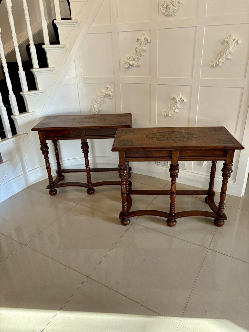 Outstanding Quality Pair of Antique Victorian Burr Walnut Marquetry Inlaid Console Tables